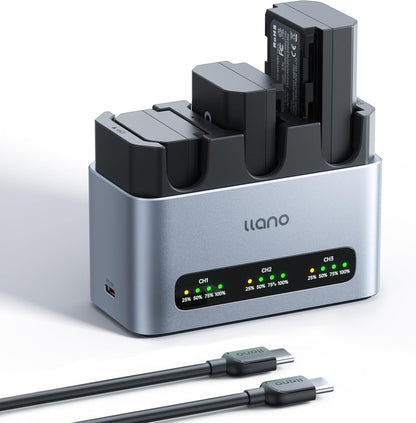 llano 3-pack NP-FZ100 2400 mAh batterijen & 30W snellader, drievoudige sleuf voor Sony A7III A7IV A6700 FX3 FX30 A9 A7C A7CII A7RV A7RIII A6600 ZV-E1 ZV-E10II A1 FX2, USB-C, LED-display, CNC-aluminium