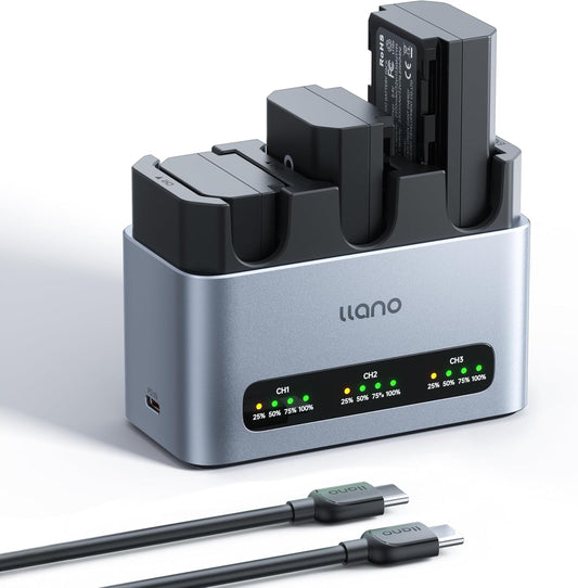 llano 3-pack NP-FZ100 2400 mAh batterijen & 30W snellader, drievoudige sleuf voor Sony A7III A7IV A6700 FX3 FX30 A9 A7C A7CII A7RV A7RIII A6600 ZV-E1 ZV-E10II A1 FX2, USB-C, LED-display, CNC-aluminium