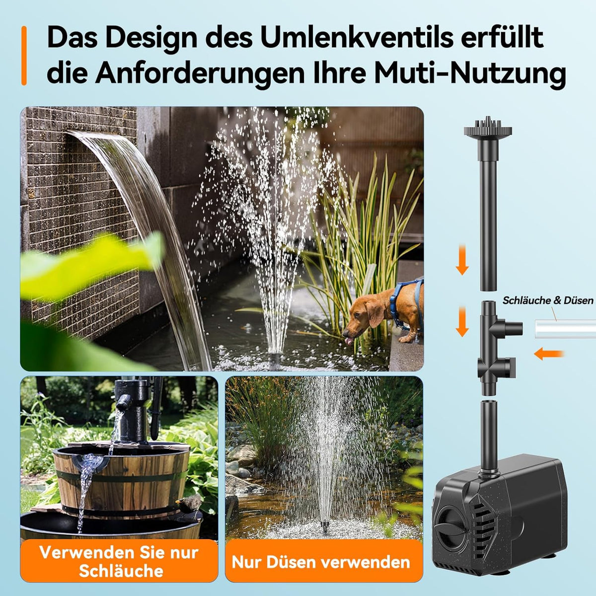 Biling Fontein op zonne-energie, 25 W, 1200 l/u, vijverpomp op zonne-energie met filter, 4 sproeiers, 2 m waterleiding, 5 m kabel, doe-het-zelf waterspel, fontein op zonne-energie voor vijver, tuin