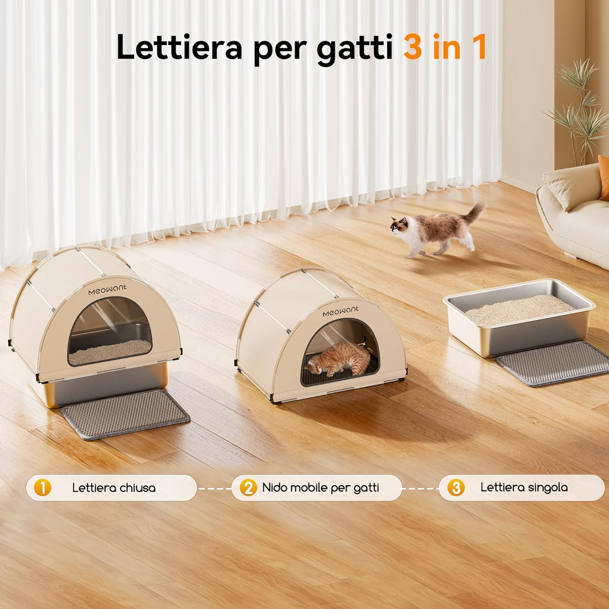 MeoWant Stainless Steel Cat Litter Box, Removable, Closed, Extra Large Cat Litter Box, Stainless Steel, XXL with Fabric Canopy, Odour-Inhibiting, Non-Stick Coating, Easy to Clean, White - QUORE