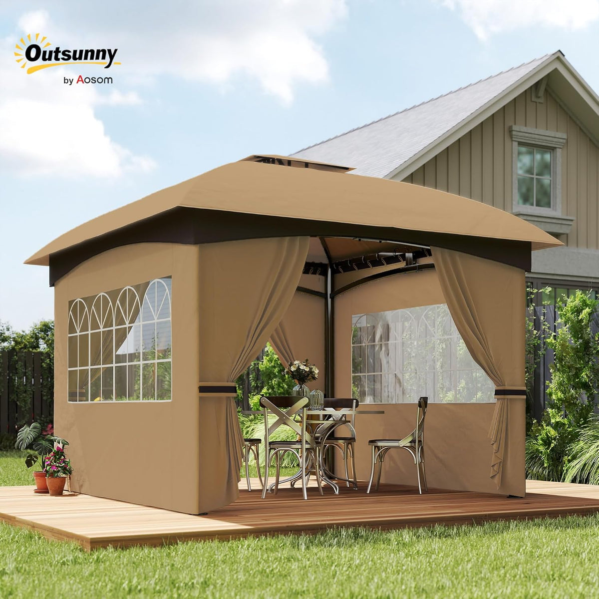 Outsunny Pavillon approx. 3.4x3.4m wasserabweisend Gartenpavillon mit 4 Seitenteilen, Doppeldach, Partyzelt mit UV-Schutz Gartenzelt mit verzinktem Metallrahmen, für Garten Beige - QUORE