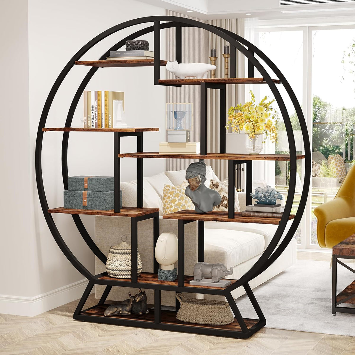 Tribesigns Round Bookcase, 5 Tiers Standing Storage Stand, 160cm High, Rustic Open Organizer for Home, Office, Living Room, Brown