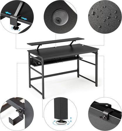 Mondeer Computerbureau, werkstation schrijfbureau met 2 verstelbare opbergplanken en grote monitorstandaard, ruimtebesparend voor thuiskantoor studio, 120 x 60 x 90 cm, zwart