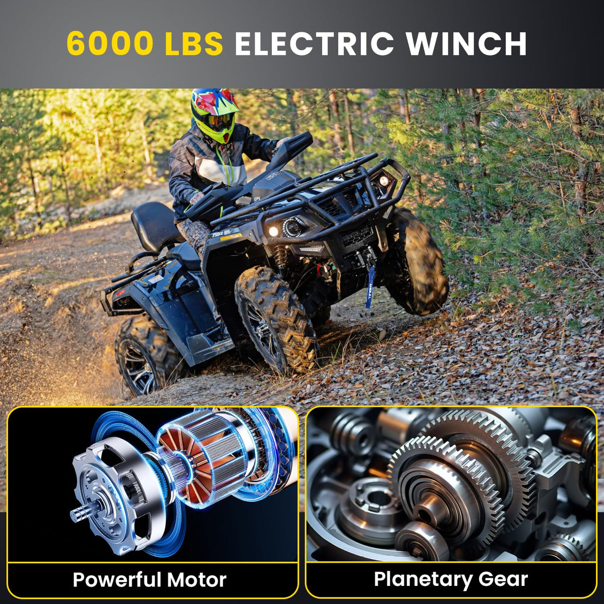 Anbull Elektrische lier 12 V 12 V 6.000 LBS / 2722 kg, IP68 waterdicht, geen bedrading nodig, synthetische kabel 6,3 mm x 16,8 m, nylon touw, geschikt voor quad, ATV, UTV