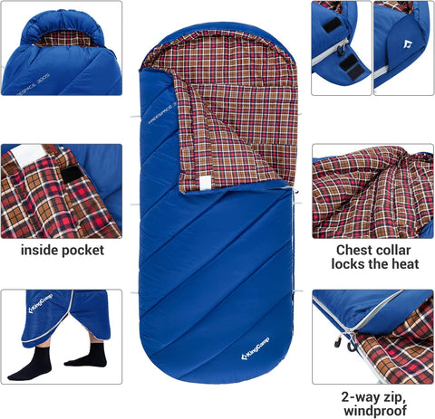 KingCamp Slaapzak XL 3-4 Seizoenen Katoen Flanel 220 x 100 cm Extra Groot voor Volwassenen Extreem -8 °C Compact Draagbaar Comfortabel Professioneel Warm voor Kamperen Wandelen Buiten Binnen