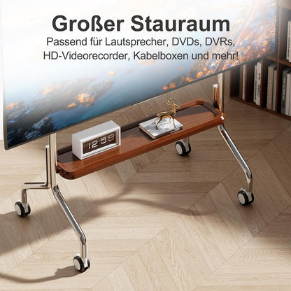 Mobiele Tv-Kar Met Enkellaagse Houten Opbergplank – Tv-Standaard – Tv-Wagen – Tv-Houder – Tv-Standaard Met Wielen – Voor 32-75 Inch LCD LED OLED En VESA 100x100-600x400 – Roestvrij Staal Met 4 Geremde 360° Zwenkwielen