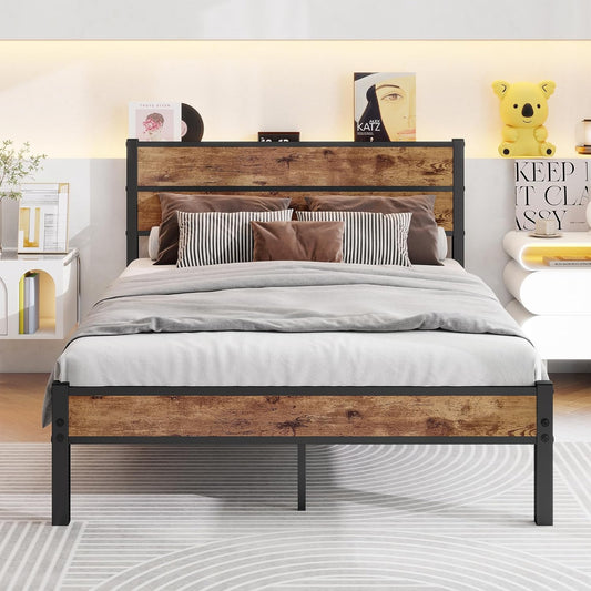 Bed 120x200, Bed frame Kinderbed 120x200 met lattenbodem van metaal, Bedframe met houten hoofdeinde en opbergruimte eronder, Gastenbed Tweepersoonsbed, Robuust en Stabiel Bed Frame, Bruin