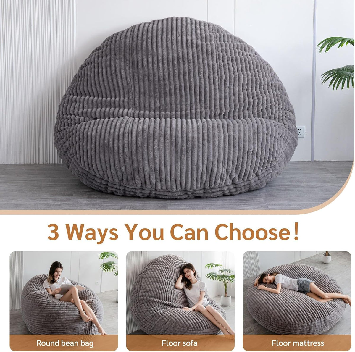 MAXYOYO Enorme zitzakbed, vierkante zitzakstoel, grote bank met imitatiebont en pluizige vulling voor volwassenen, koppels, gasten (corduroy grijs, 150 x 150 cm)
