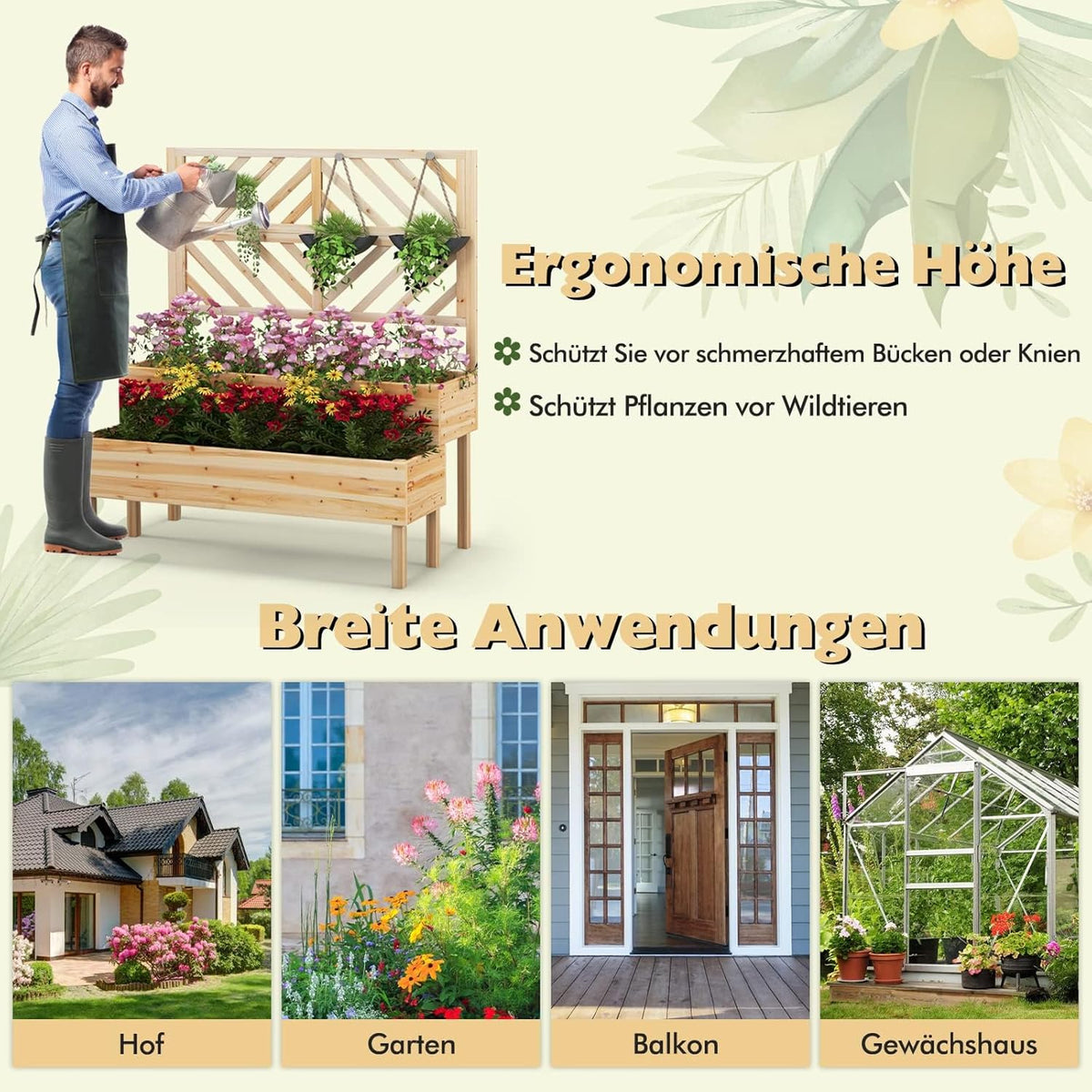 FANTASK Bloembak met latwerk van dennenhout, tuinspalier met 2 rankkasten, plantenbak voor klimplanten, verhoogd bloembed met rankrooster en drainagegat (natuur)
