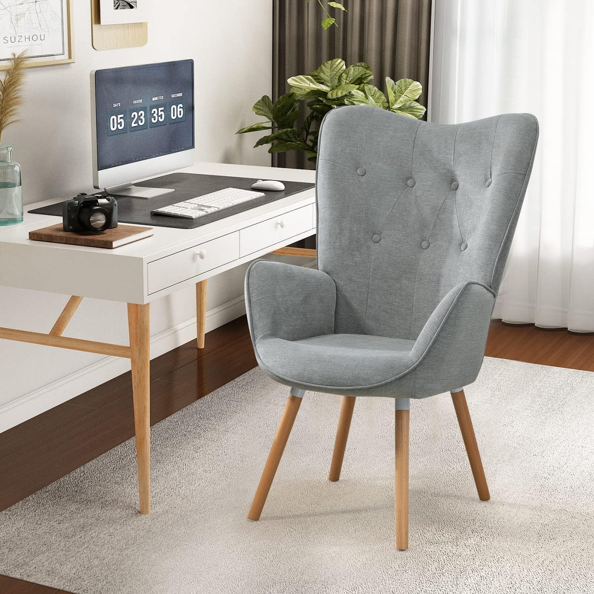 MEUBLE COSY Leunstoelen, relaxstoel, armleunstoel stoel, eenpersoonsbank met gestoffeerde en houten poten voor woonkamer slaapkamer kantoor Vanity, stof, grijs, 68x50x106cm