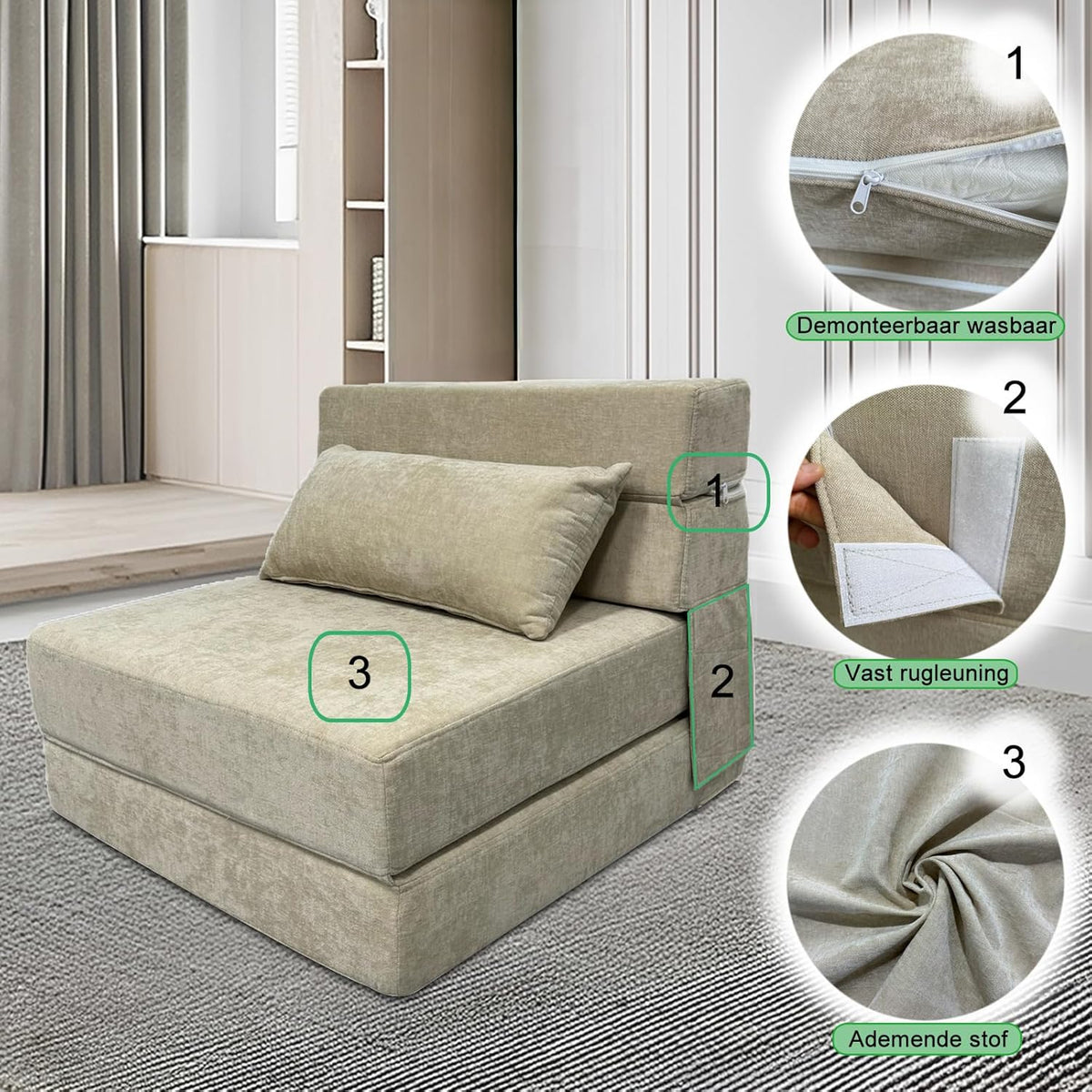 ANONER Divan-lit flexibel 70 x 190 cm, met kussen, de zitplaats zet om in matras, afneembare divanhousse, perfect voor kleine kamers en multifunctionele ruimtes, Beige