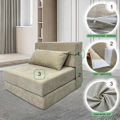 ANONER Divan-lit flexibel 70 x 190 cm, met kussen, de zitplaats zet om in matras, afneembare divanhousse, perfect voor kleine kamers en multifunctionele ruimtes, Beige