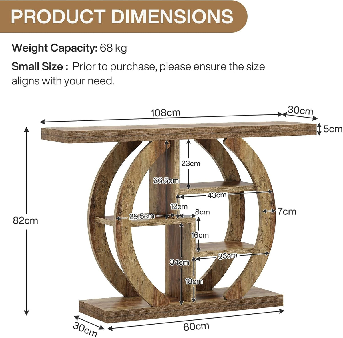 Tribesigns Console Table 108 cm, 4 Step Sofa Table, Entrance Table with Circle Base, Wooden Accent Tables with Storage, Shelves for Living Room, Hallway, Foyer, Light Oak Brown