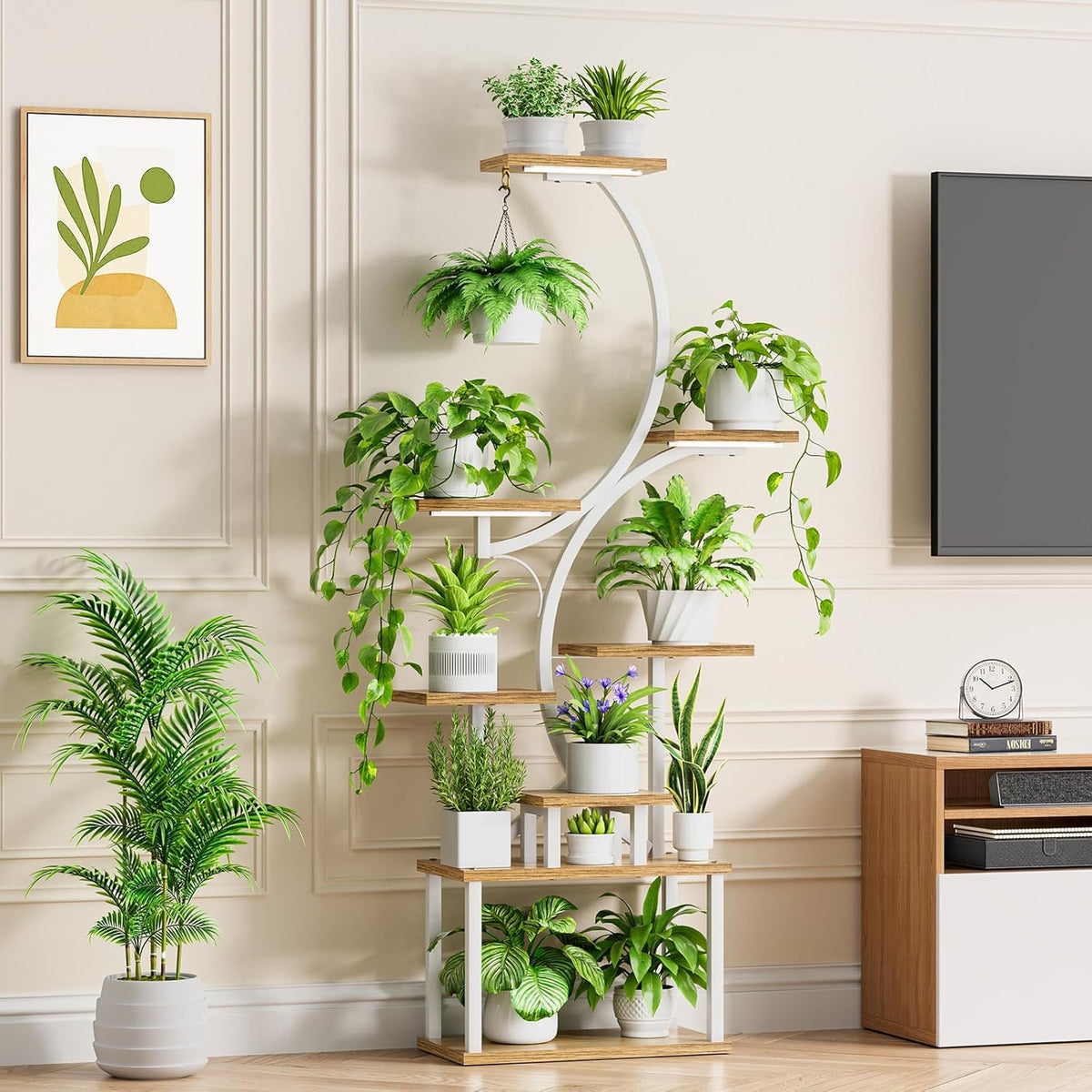 Plantenstandaard Met Kweeklampen Wit – Plantenrek – Bloemenstandaard – Bloemenrek – Plantenhouder – 8-Laags S-Vormig Design – 3-Kops Volspectrum Kweeklampen Met Timer En 9 Lichtstanden