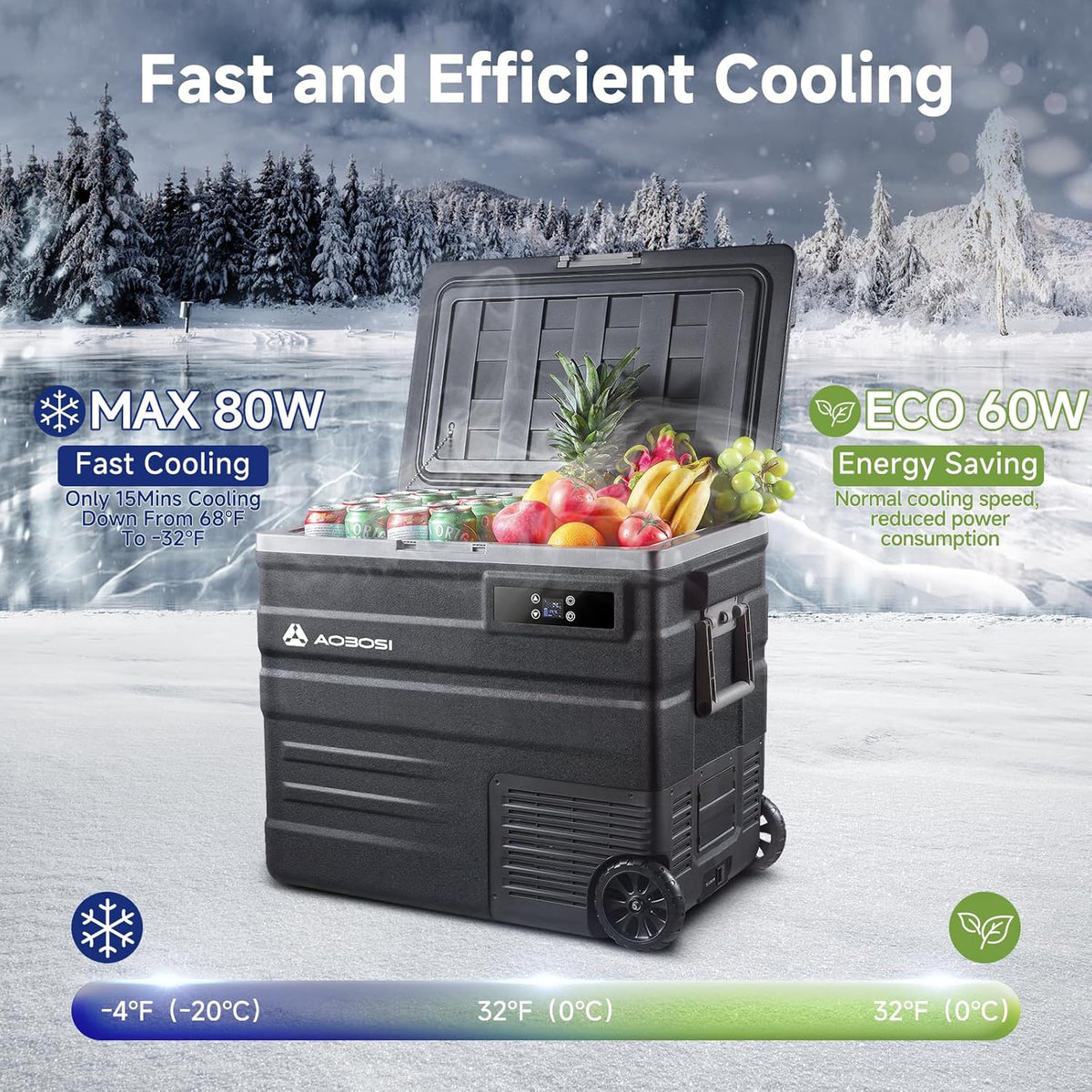 AAOBOSI Compressor-koelbox, 65 liter, koelbox auto met wifi-app-bediening, 12/24 V en 100-240 V, elektrische koelbox tot -20 °C, voor auto, vrachtwagen, boot, camper, camping