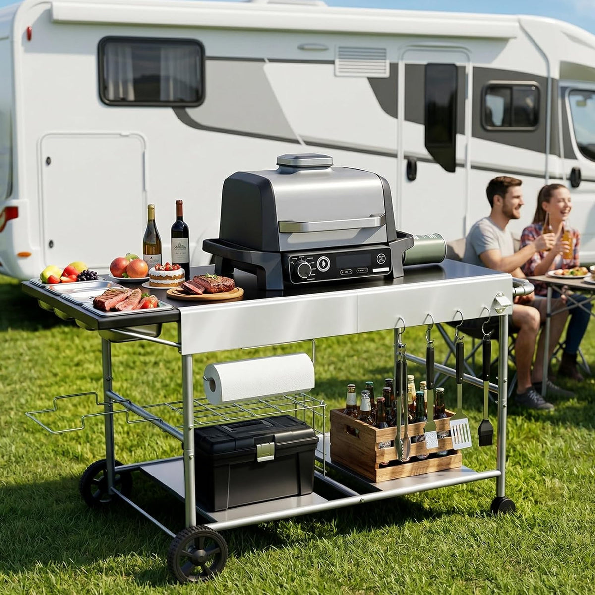 Denmay 128 x 66 x 78 cm Grillwagen voor Weber Q-serie, Ninja Woodfire, pizzaoven, tafelgrill, pizzaoven, serveerwagen met groot werkblad, outdoor grilltafel, keukenwagen, grillstandaard