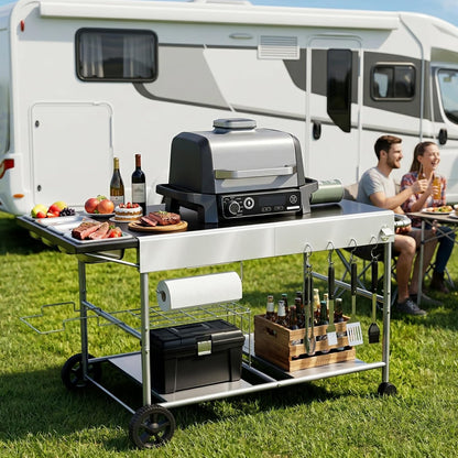 Denmay 128 x 66 x 78 cm Grillwagen voor Weber Q-serie, Ninja Woodfire, pizzaoven, tafelgrill, pizzaoven, serveerwagen met groot werkblad, outdoor grilltafel, keukenwagen, grillstandaard