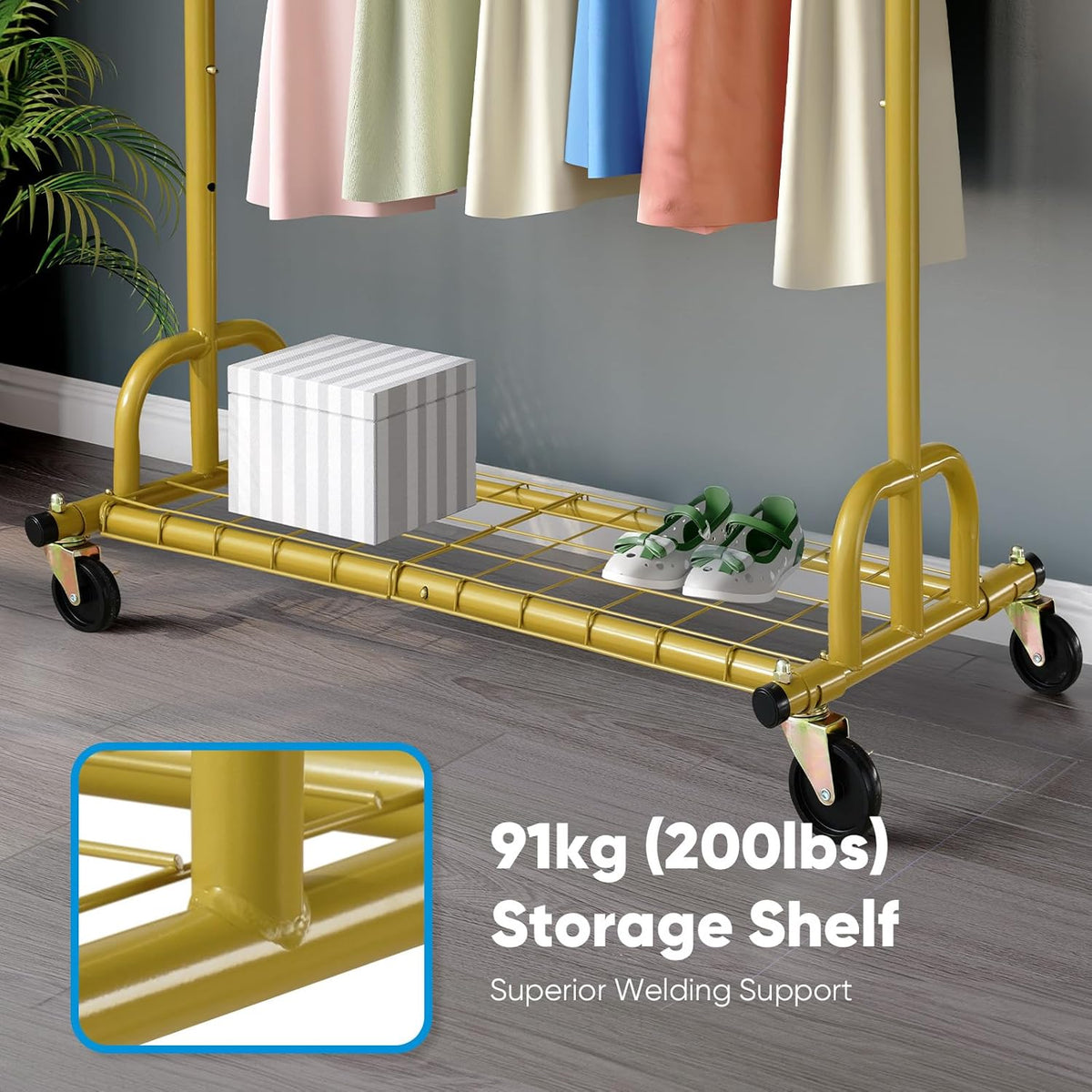 HOKEEPER Kledingrek met planken, capaciteit 200 kg, kledingrek op wielen, goud