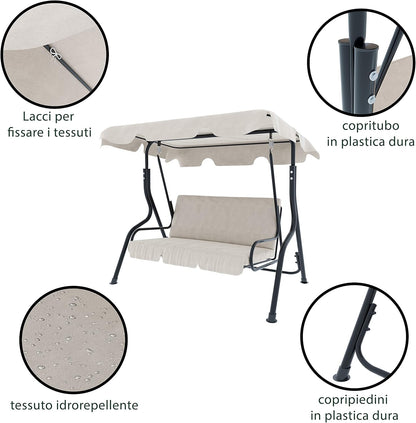 Schommelbank 3-zits met verstelbaar zonnedak, gevoerd kussen, robuust frame van gelakt staal, voor buiten, tuin, balkon, terras, zwembad, 170 x 110 x 153 cm (beige)