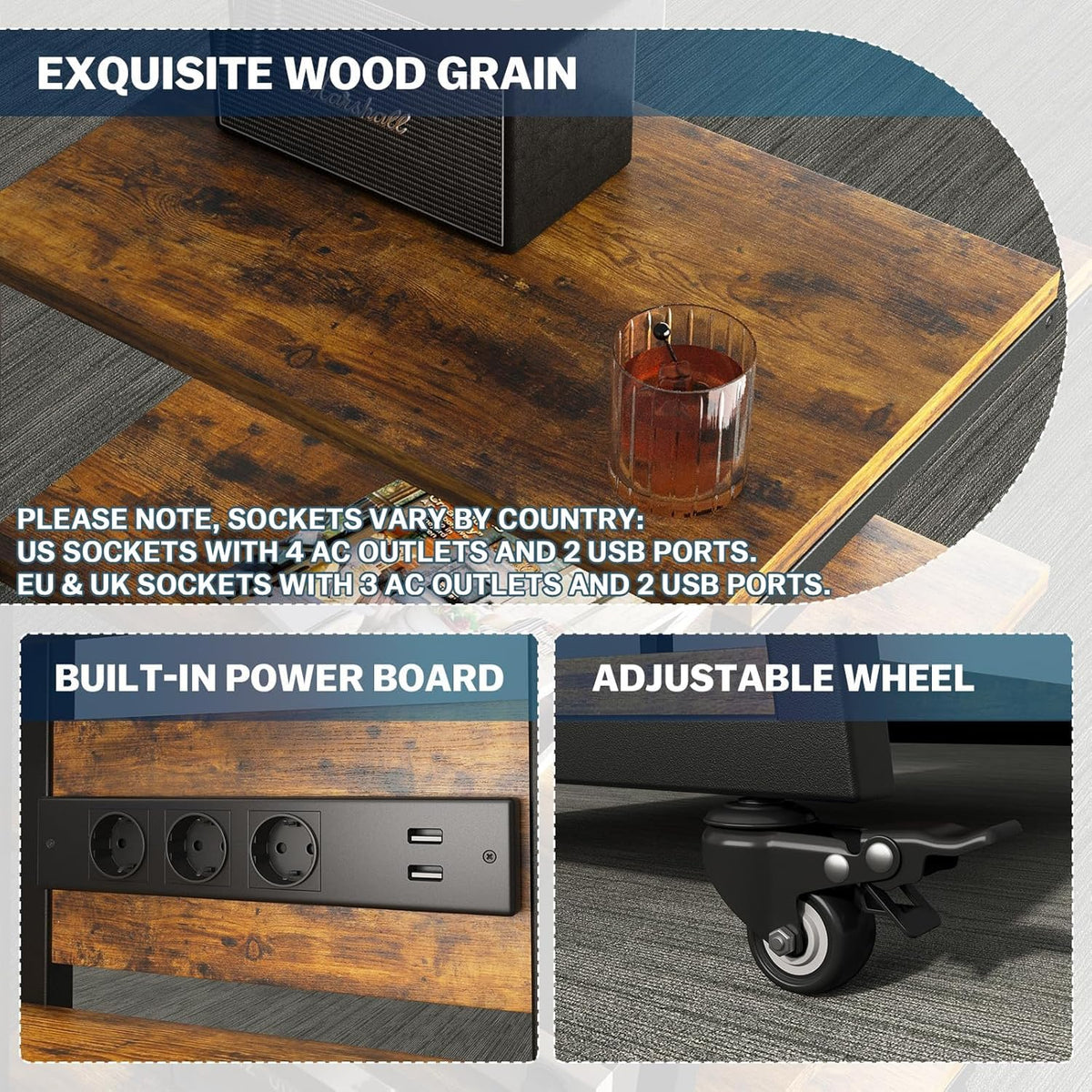 HIFI Stand platenspeler standaard, 4-laags houten planken met stekkerdozen, LED-verlichting, wielen, in hoogte verstelbare AV-media-opslag audiorek toren voor draaitafel/printer/Sky Box/TV