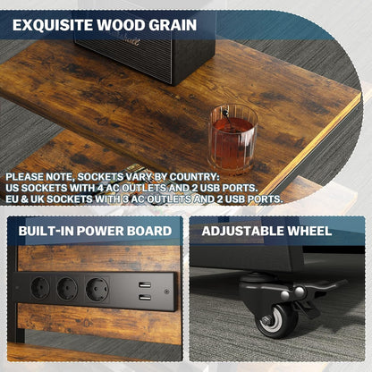 HIFI Stand platenspeler standaard, 4-laags houten planken met stekkerdozen, LED-verlichting, wielen, in hoogte verstelbare AV-media-opslag audiorek toren voor draaitafel/printer/Sky Box/TV