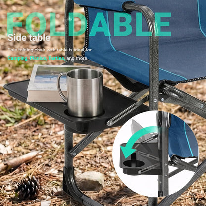 OVERMONT Oversize directors campingstoelen voor volwassenen - 180 kg zware opvouwbare buitenstoelen met opvouwbare bijzettafel en koeltas voor buiten, festival, barbecue, strand, picknick, vis