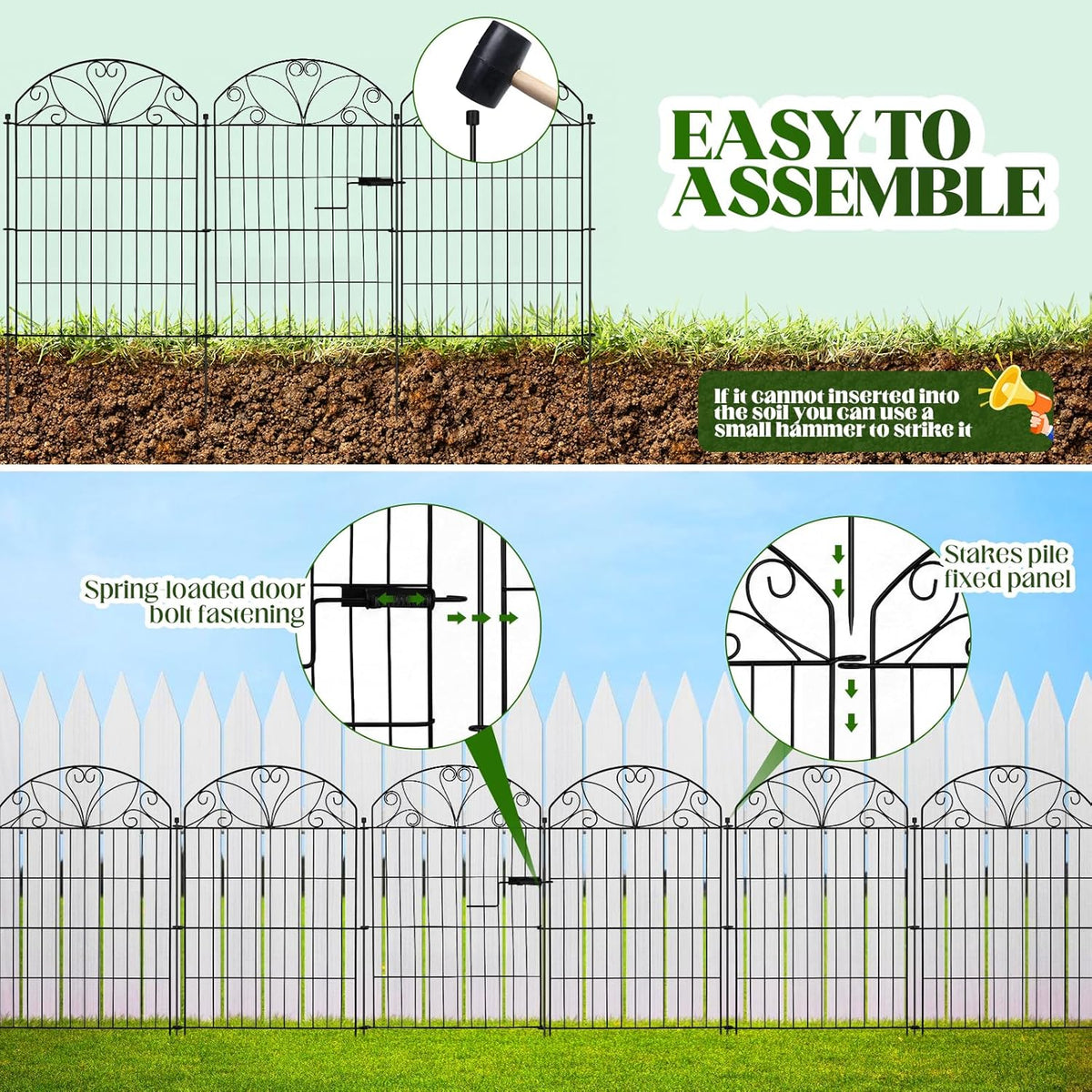 Metalen tuinomheiningspanelen set van 12 met poort, maximale lengte 678 cm, decoratieve roestbestendige tuinomheining, 80 x 56,5 cm panelen met 13 grondpalen voor gazon, bloembedden en huisdieren
