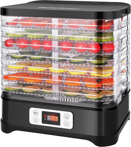 MEYKEY Droogautomaat voor levensmiddelen, 8 vakken, droogapparaat voor groenten, fruit, vlees, instelbare temperatuur 35-70 °C, 400 W, zwart, roestvrij staal