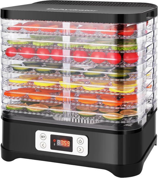 MEYKEY Droogautomaat voor levensmiddelen, 8 vakken, droogapparaat voor groenten, fruit, vlees, instelbare temperatuur 35-70 °C, 400 W, zwart, roestvrij staal