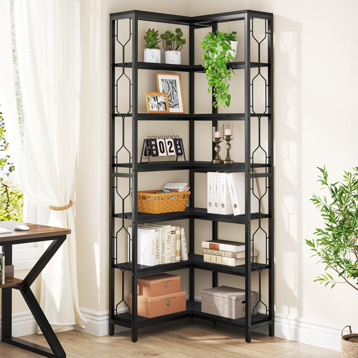 Tribesigns Corner Shelf, 7 Tier Industrial Corner Bookshelf, Wooden and Metal Corner Bookcase, Freestanding Display Shelf for Living Room, Kitchen, Home Office, Black