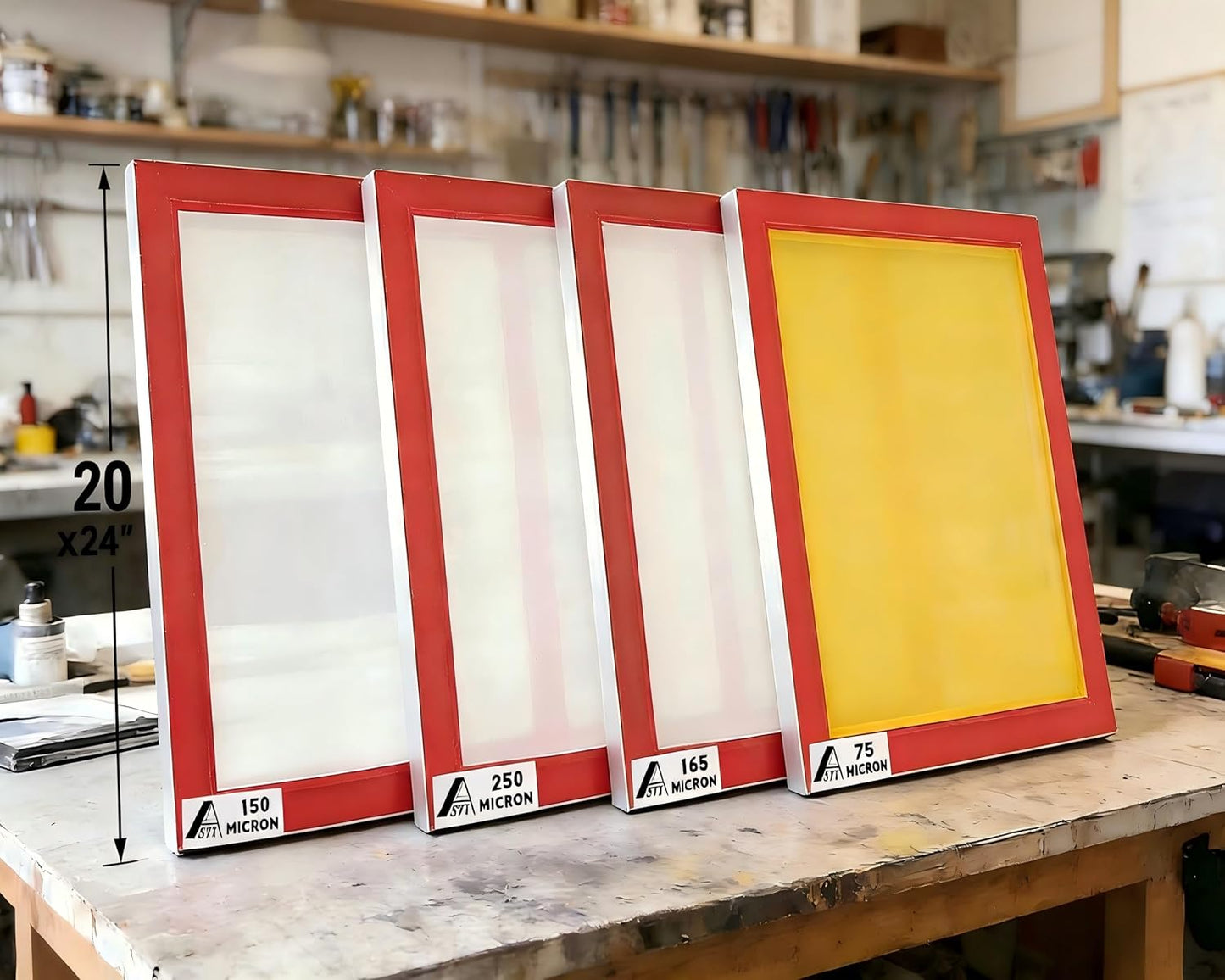 Aluminium zeefdrukschermen, formaat 20 x 24 "inch voorgespannen zeefframe, droog zeefscherm aluminium frame, polyester gaasscherm, 4 gaasmaten -60,90,110,200 (Micron Equiv. 250, 165, 149, 75)
