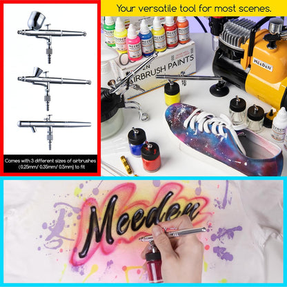 MEEDEN Airbrush Kit met Compressor - 1/5 HP Quite Air Compressor met 3 Dual-Action Air brush Guns, 24 Kleuren x 30ml Airbrush Paint Set voor Modelschilderij
