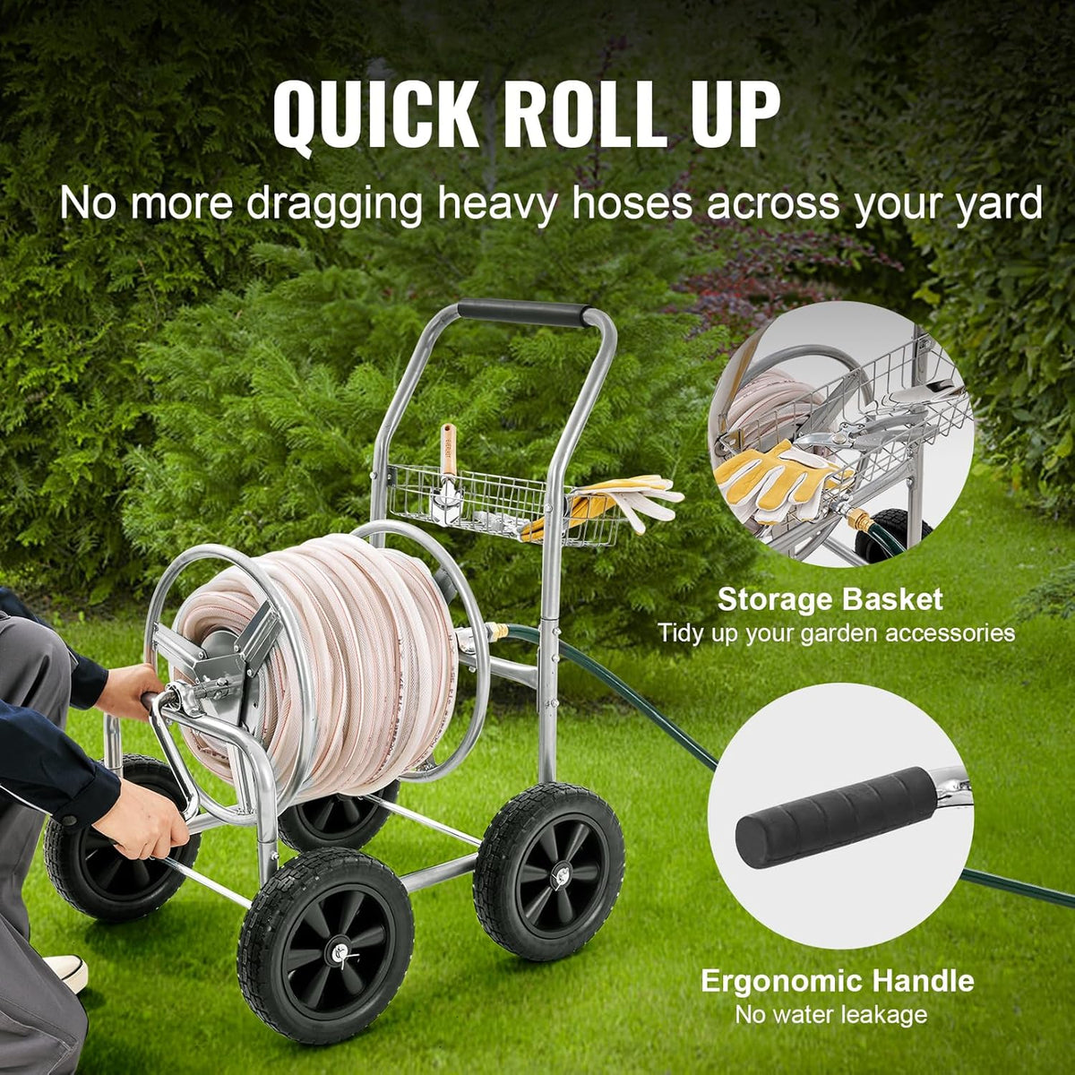 VEVOR Slanghaspelwagen, geschikt voor maximaal 90 m 5/8 inch slang, tuinwaterslangwagens, mobiel gereedschap met 4 wielen, zwaar gepoedercoat staal, buitenbeplanting met opbergmand, voor tuin, tuin,