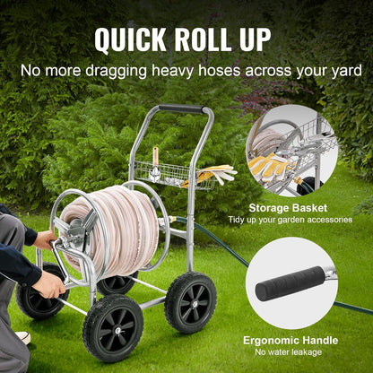 VEVOR Slanghaspelwagen, geschikt voor maximaal 90 m 5/8 inch slang, tuinwaterslangwagens, mobiel gereedschap met 4 wielen, zwaar gepoedercoat staal, buitenbeplanting met opbergmand, voor tuin, tuin,