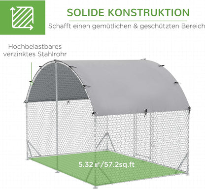 PawHut Chicken Coop Free Run Made of Steel, 280 x 190 x 197 cm, Chicken Coop with UV Resistant Cover, Door Chicken Coop for 4-6 Chickens, Small Animals, Silver