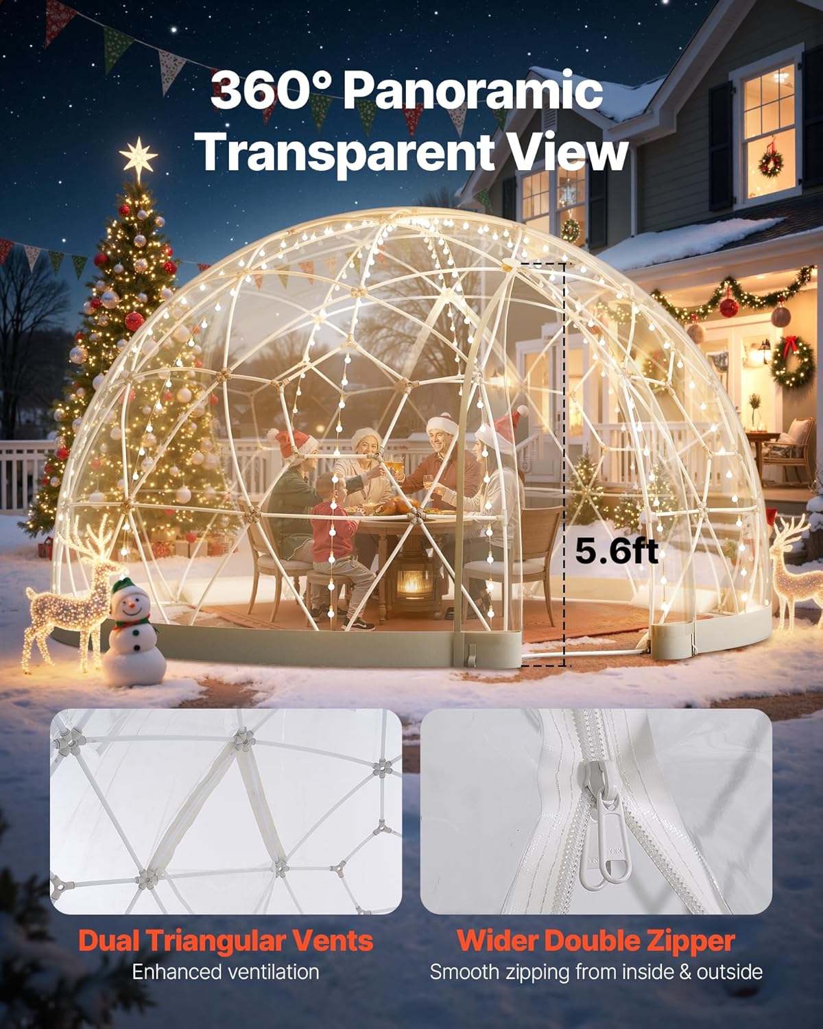 VEVOR Igloo Tuinkoepel, 3,7 x 2,2 m, transparante bubbeltent voor 4-7 personen, weerbestendig, geodetische koepelkas, pvc-iglotent voor tuin, terras, camping, feest
