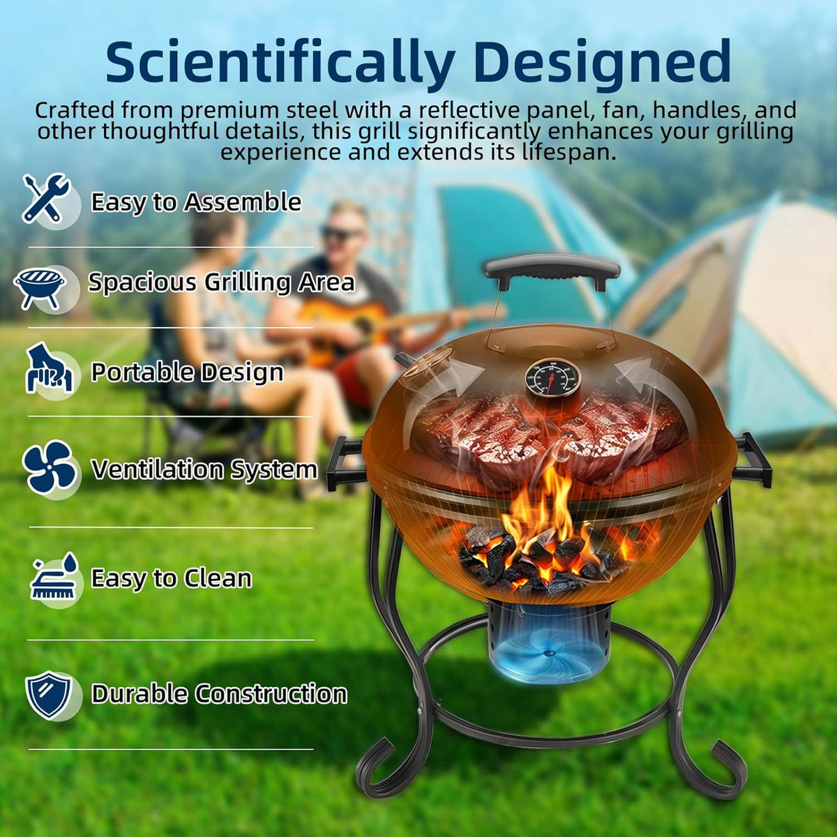 Houtskoolgrill met instelbare ventilator, 45,7 cm (45,7 cm), draagbare campinggrill, gemakkelijk aan te steken houtskool, kleine tafelgrill, campinggrill met deksel, voor tuin, camping, tailgates