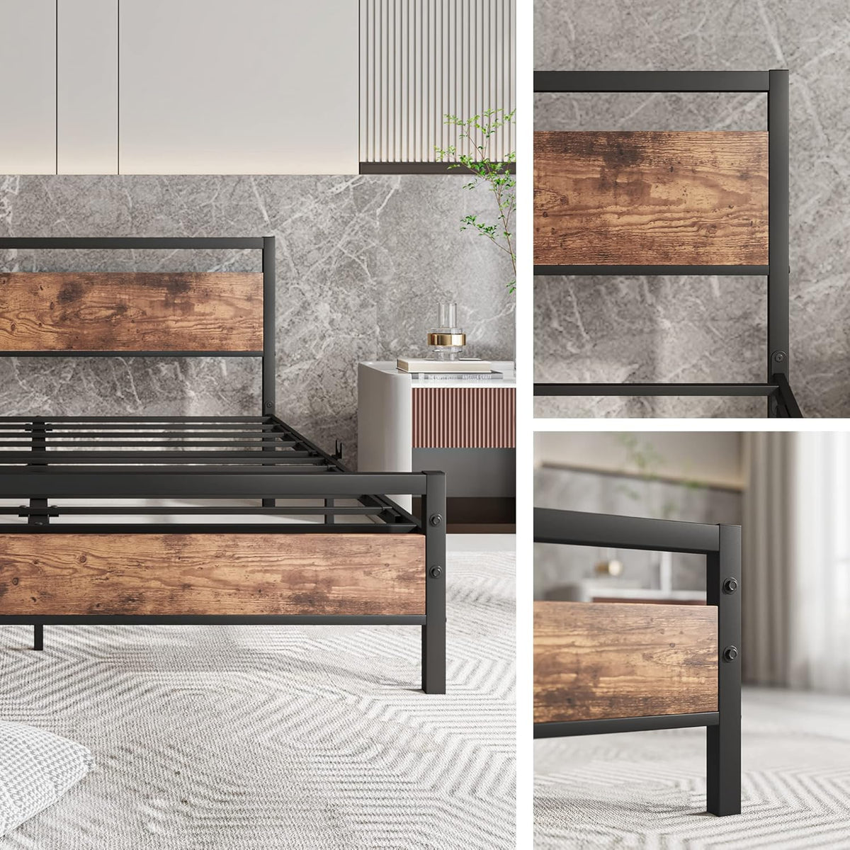 HOJINLINERO Kingsize bedframe met houten hoofdeinde, metalen platformbedframe kingsize matrasbasis, metalen lattensteun en opbergruimte onder bed, massief metalen bedframe tweepersoonsbed, zwart