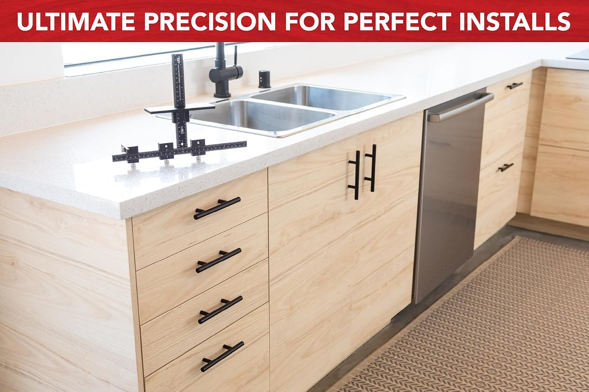 True Position Tools Originele cabinet hardware jig met verlengde liniaal voor Rapid Drawer Centering - verstelbare boorgids voor installatie van deur- en ladeknoppen en handgrepen TP-1934E