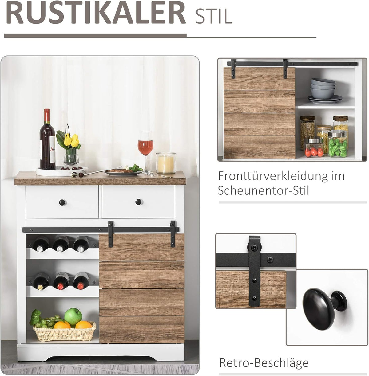 HOMCOM kitchen cabinet sideboard with 2 drawers wine racks sliding door sideboard adjustable shelves storage cabinet rustic white 80 x 39 x 86cm - QUORE
