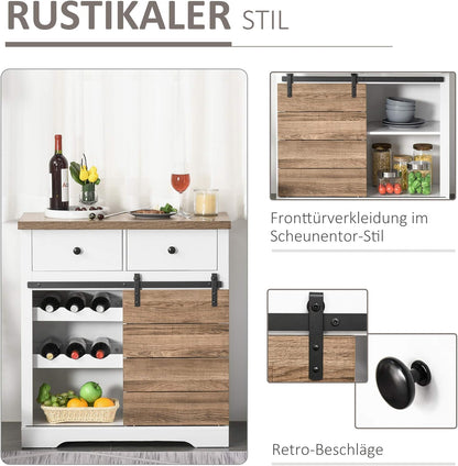 HOMCOM kitchen cabinet sideboard with 2 drawers wine racks sliding door sideboard adjustable shelves storage cabinet rustic white 80 x 39 x 86cm - QUORE