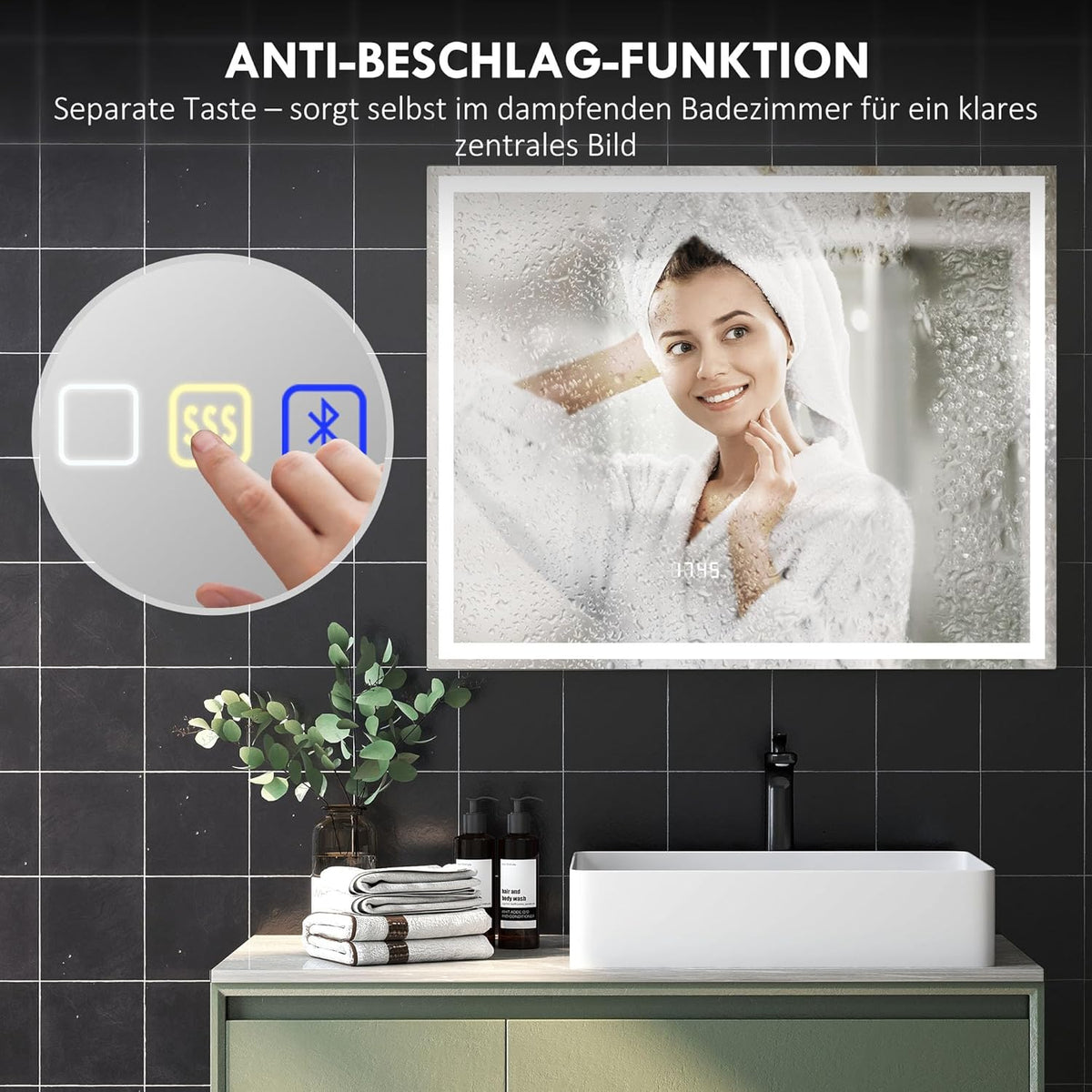 Badkamerspiegel – LED Spiegel – Wandspiegel – Verlichte Spiegel – Bluetooth Spiegel – Anti-Condens – 100 x 80 cm – Gehard Glas