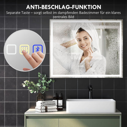 Badkamerspiegel – LED Spiegel – Wandspiegel – Verlichte Spiegel – Bluetooth Spiegel – Anti-Condens – 100 x 80 cm – Gehard Glas