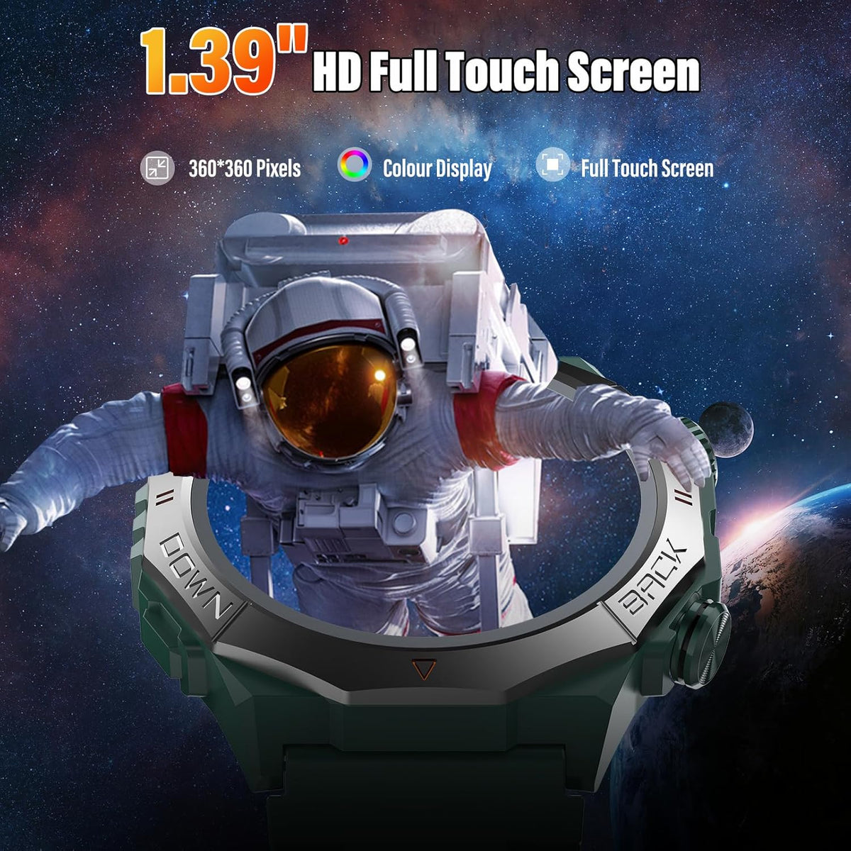 Militaire smartwatch voor heren en dames, smartwatch met telefoonfunctie, 1,39 inch touchscreen, hartslagmonitor, slaapmonitor, IP68 waterdicht, sporthorloge, 110+ sportmodi, fitnesshorloge voor iOS