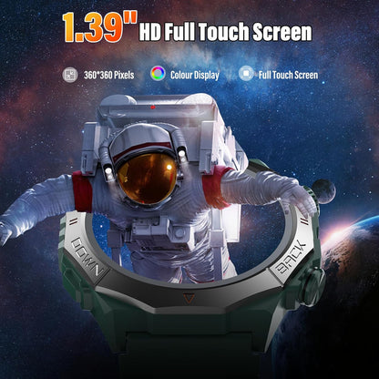 Militaire smartwatch voor heren en dames, smartwatch met telefoonfunctie, 1,39 inch touchscreen, hartslagmonitor, slaapmonitor, IP68 waterdicht, sporthorloge, 110+ sportmodi, fitnesshorloge voor iOS