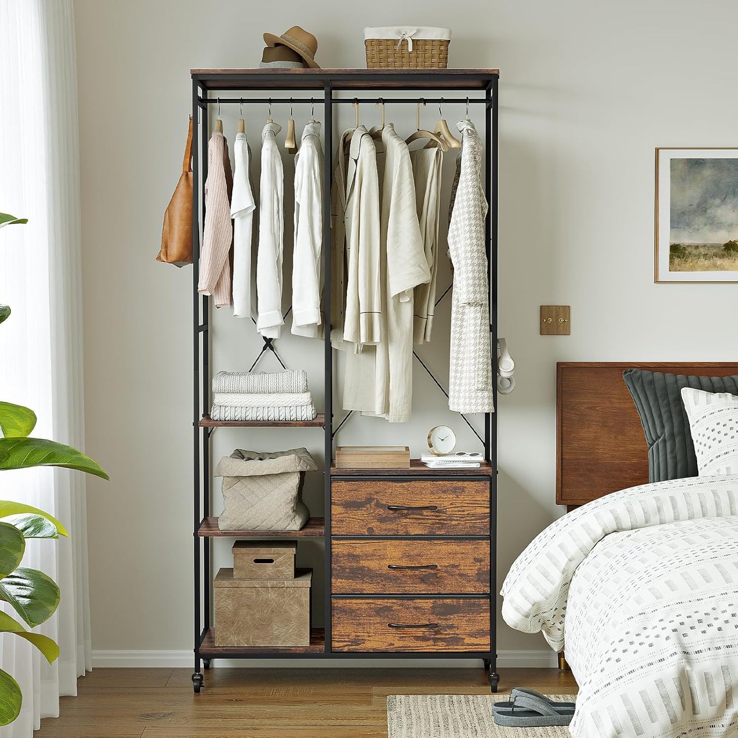 Kledingrek – Kledingkast – Garderoberek – Kledinghanger – Open Kledingrek – Stevig Stalen Frame – Verstelbare Planken & Laden – Wieltjes – Rustiek Bruin