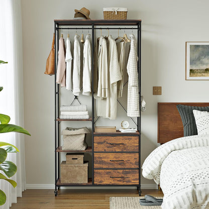 Kledingrek – Kledingkast – Garderoberek – Kledinghanger – Open Kledingrek – Stevig Stalen Frame – Verstelbare Planken & Laden – Wieltjes – Rustiek Bruin