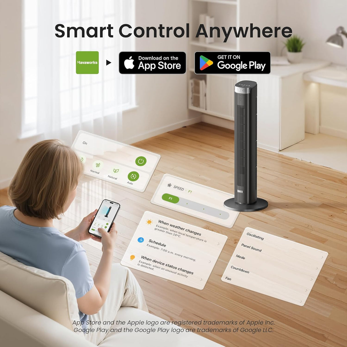 91 cm stille ventilator, 90° oscillatietorenventilator, staande ventilator met afstandsbediening en wifi, 4 standen en 4 modi, 12-uurs timer, torenventilatoren voor slaapkamer, zwart