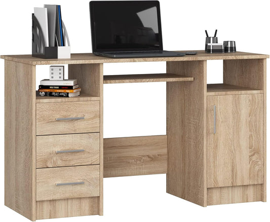 Computer table Ana, desk with 3 drawers, 1 shelf with door, 2 open shelves, 124 x 74 x 52 cm, 45 kg - QUORE