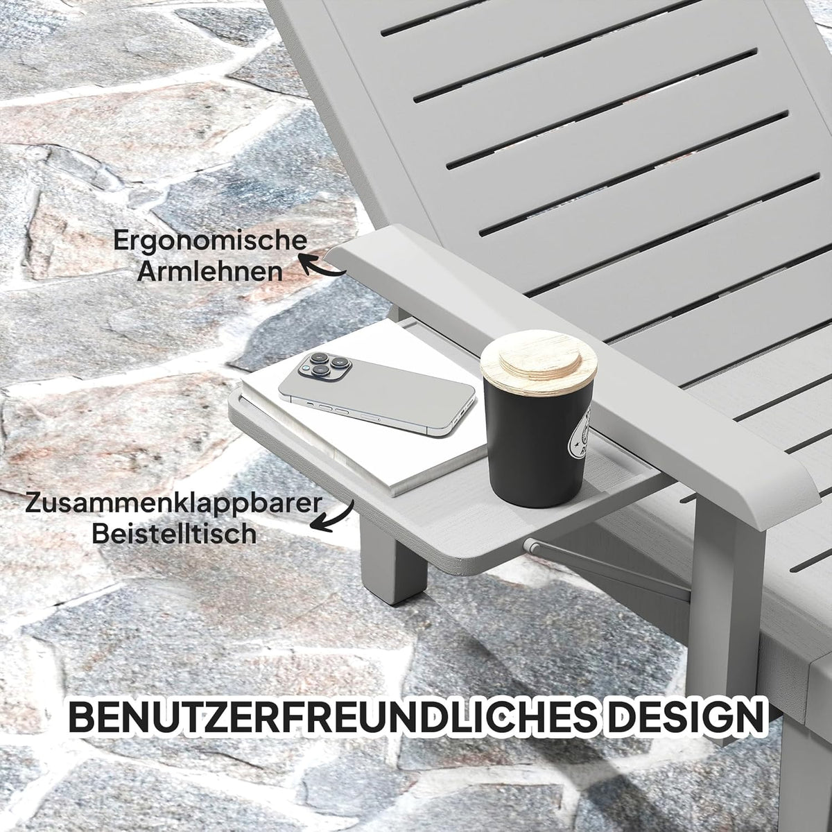 Outsunny Sonnenliege Gartenliege mit Seitentisch Holzoptik Liegestuhl mit 5-Fach verstellbare Rückenlehne, wetterfeste Campingliege, Gartenstuhl bis 120 kg load, für Garten Outdoor Strand, Hellgrau